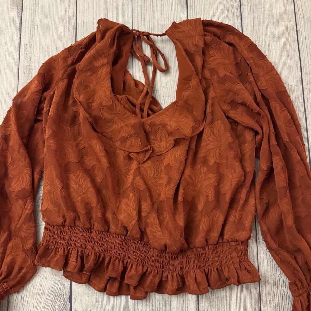 Anthropologie Floral Textured Crimson Orange Blouse Top Women's Size Large - Picture 2 of 9